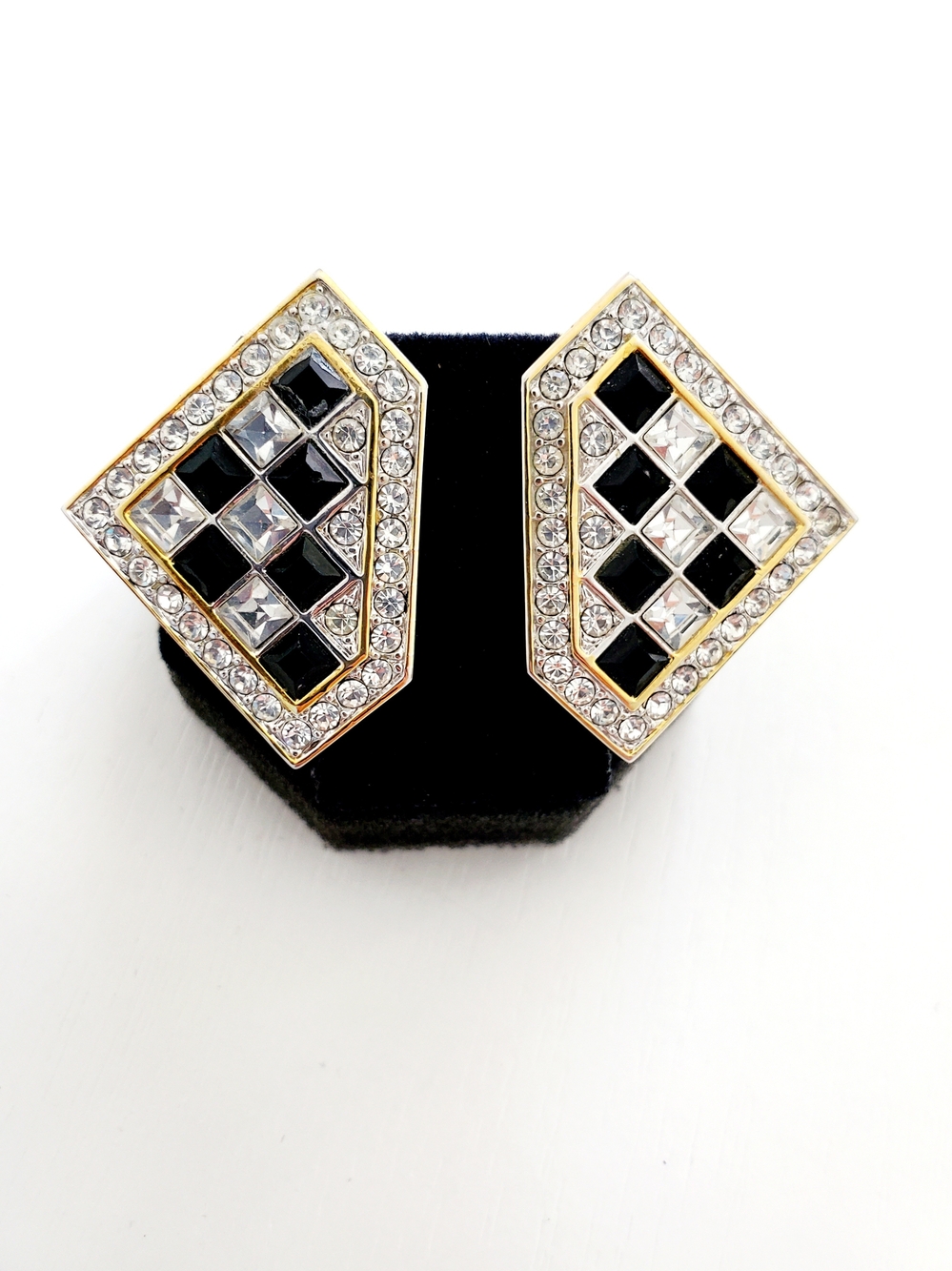 Gold-Tone Black & Clear Crystal Geometric Clip-On Earrings
